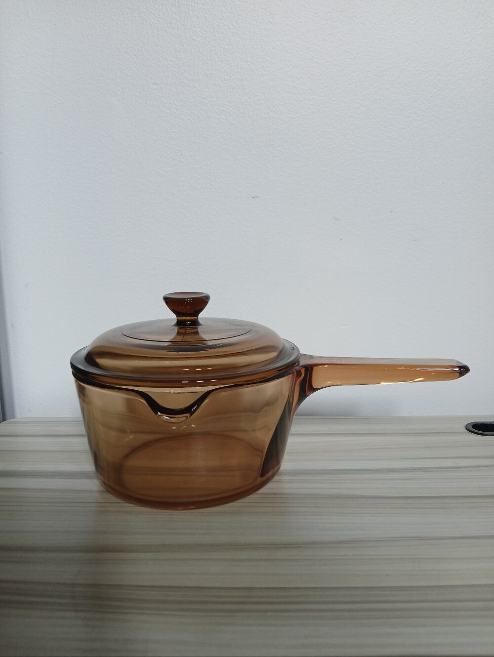 Vtg Corning Vision Amber Glass 1 L Saucepan Pot With Pour Spout & Lid France